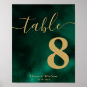 Poster Numéro de table de mariage vert émeraude et or (Devant)