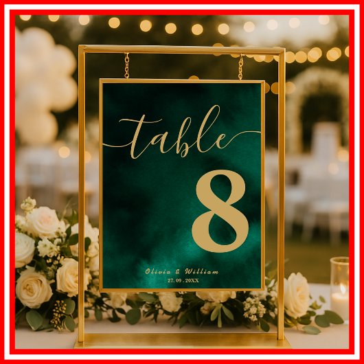 Poster Numéro de table de mariage vert émeraude et or