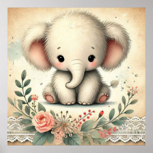 Poster Nurserie Bébé Éléphant Floral