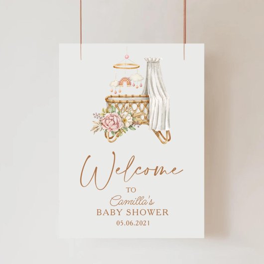 Poster Nurserie Boho Fleurs Couffin de Lit Bébé Shower