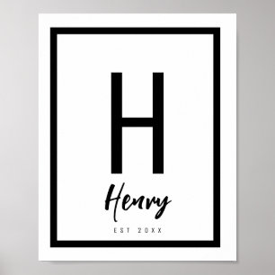 Poster Nurserie chic moderne noir et blanc avec initiale