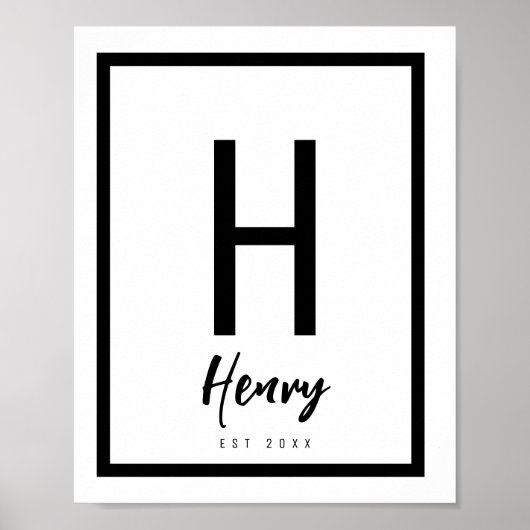 Poster Nurserie chic moderne noir et blanc avec initiale (Devant)