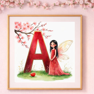 Poster Nurserie de Bébé Fille Lettre A Florale Féerique