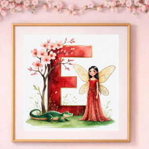 Poster Nurserie de bébé fille Lettre E Fée Floral
