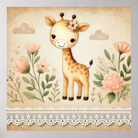 Poster Nurserie de bébé girafe florale (Devant)