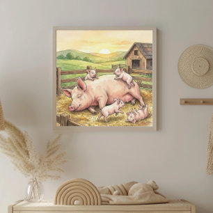 Poster Nurserie de Maman Cochon et ses Porcelets