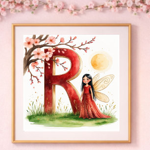 Poster Nurserie Fille Lettre R Fée Floral