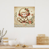 Poster Nurserie Fleurie pour Bébé Singe (Cuisine)