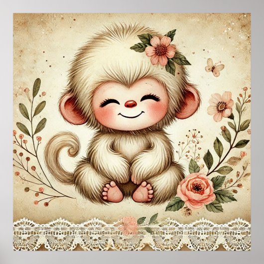 Poster Nurserie Fleurie pour Bébé Singe (Devant)
