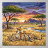 Poster Nurserie Mama Guépard et ses petits (Devant)