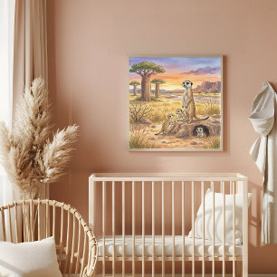 Poster Nurserie Mama Meerkat et ses petits
