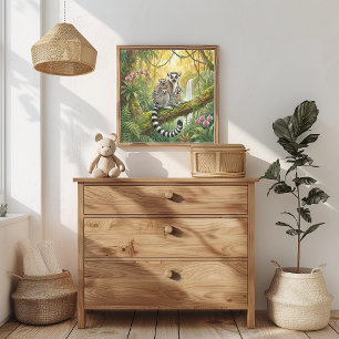 Poster Nurserie Maman Lémurien et Bébés