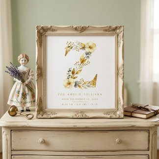 Poster Nurserie Mignon Romantique Floral Lettre Z Or LPM2
