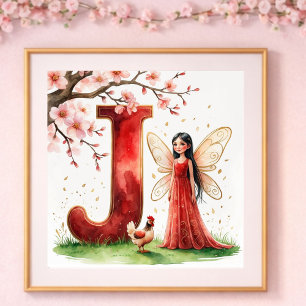 Poster Nurserie pour Bébé Fille Lettre J Fée Floral