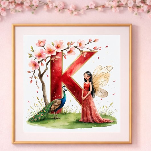 Poster Nurserie pour Bébé Fille Lettre K Fée Florale