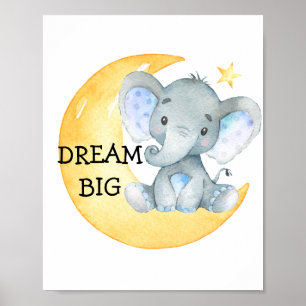 Poster Nurserie pour bébé garçon éléphant aquarelle rêve