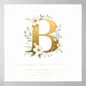 Poster Nursery Cute Romantic Floral B Letter Gold Effect (Devant)