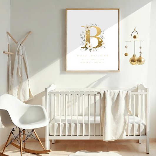 Poster Nursery Cute Romantic Floral B Letter Gold Effect