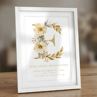 Poster Nursery Cute Romantic Floral E Letter Gold Glitter