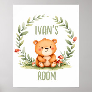 Poster Nursery en bois personnalisé avec ours en aquarell