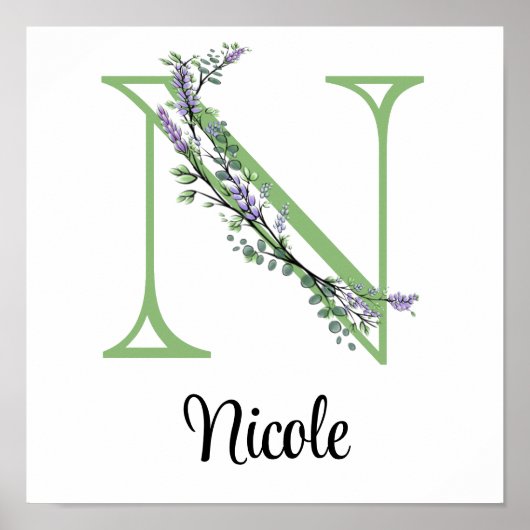 Poster Nursery Monogramme N Lavande Eucalyptus (Devant)