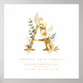 Poster Nursery Romantic Floral A Letter Gold Effect (Devant)
