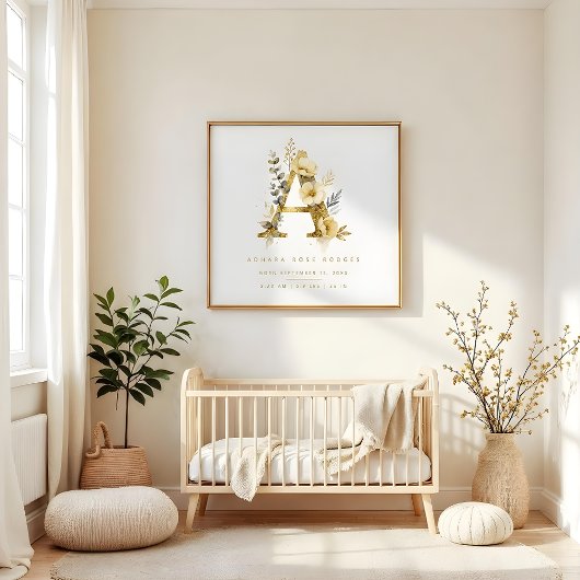 Poster Nursery Romantic Floral A Letter Gold Effect