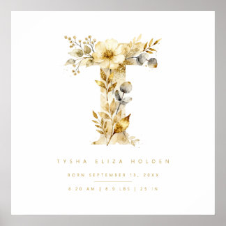 Poster Nursery Romantic Floral T Letter Gold Effect
