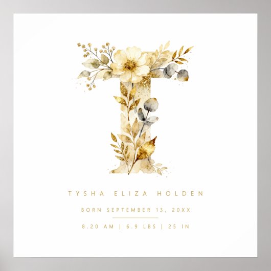 Poster Nursery Romantic Floral T Letter Gold Effect (Devant)