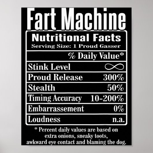 Poster Nutrion Facts Fart Machine Dad Jokes Funny Farting (Devant)