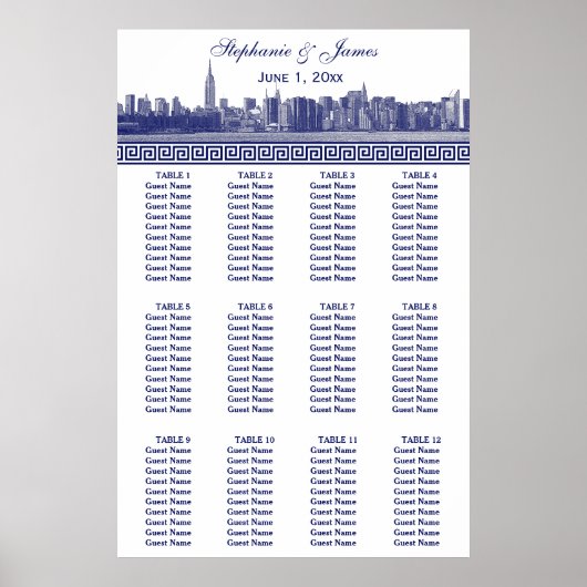 Poster NYC large Skyline Etted BW Blue Greek Key S (Devant)