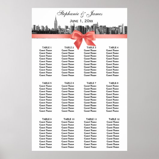Poster NYC large Skyline Etted BW Coral Bow (Devant)