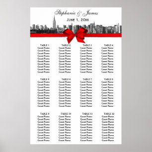 Poster NYC large Skyline Etted BW Red Bow