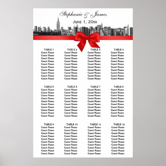 Poster NYC large Skyline Etted BW Red Bow (Devant)
