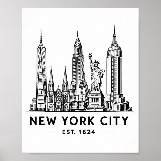 Poster NYC Skyline Illustration with Statue of Liberty (Devant)