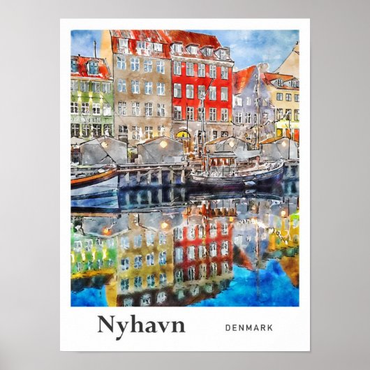 Poster Nyhavn Danemark Voyage Aquarelle main tirée (Devant)