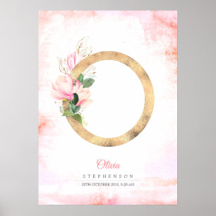 Poster O Lettre Feuilles d'or Monogram rose Magnolia Flor
