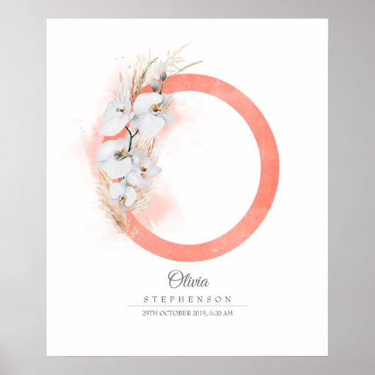 Poster O Lettre Monogramme Orchidées Blanches et Herbe de (Devant)