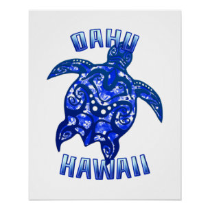 Poster Oahu Hawaii Vacances Tortue Tribale