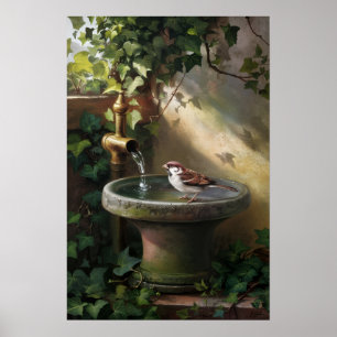 Poster Oasis de jardin : Le moineau à la fontaine