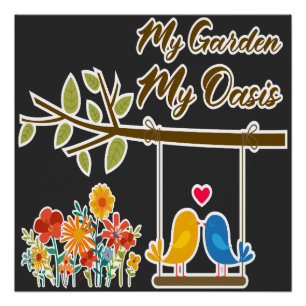 Poster Oasis de jardin Oiseaux mignons sur balançoire Art
