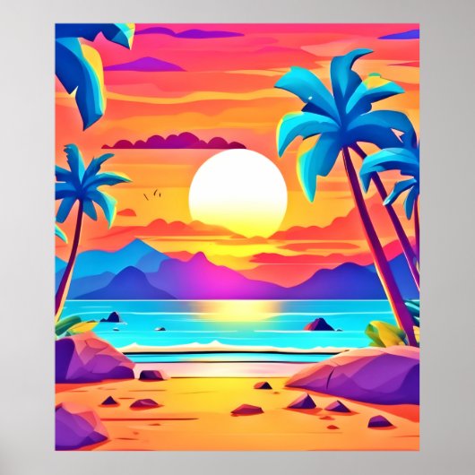 Poster Oasis tropicale du coucher de soleil (Devant)