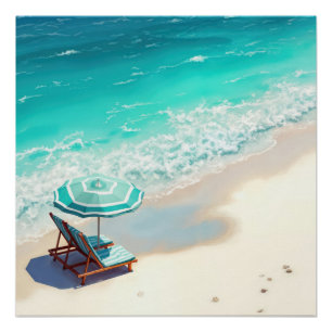 Poster Ocean Beach Avec Chaise Lounge et Parapluie