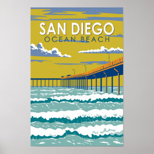 Poster Ocean Beach San Diego Travel Art Vintage