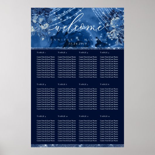 Poster Ocean Blue Navy Floral Table Plan Seating (Devant)