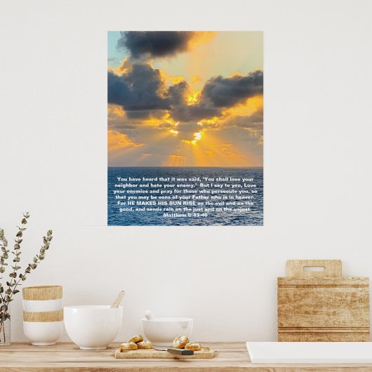 Poster Ocean Sunrise, avec Écriture Verse Matthieu 5:43 (Cuisine)