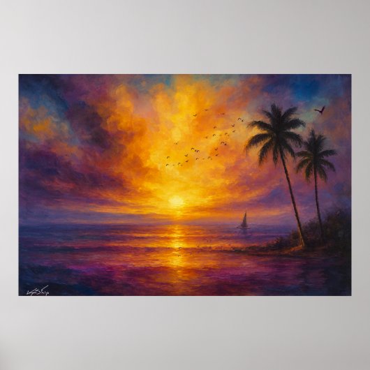 Poster Ocean Sunset Escape - Vibrant Sky with Sailboat (Devant)