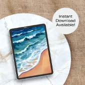 Poster Océan Vagues Bleu Aquarelle Côte