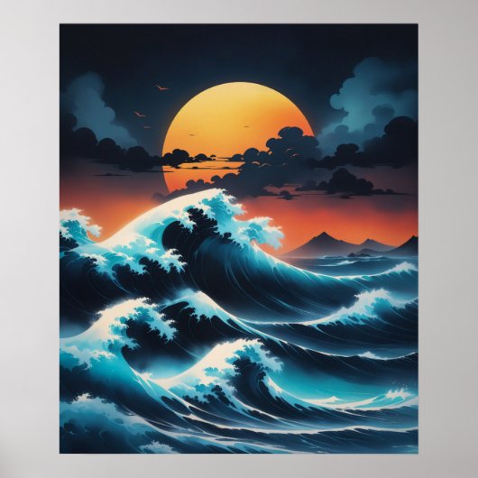 Poster Ocean Wave Sunset Style Asie (Devant)