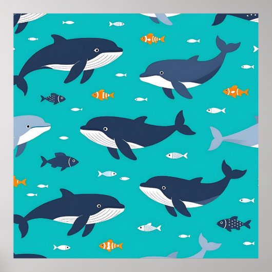 Poster Ocean Whales Dolphins Pattern (Devant)